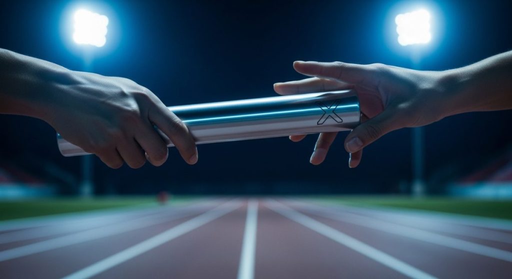 Atletas pasan elegantes testigo metálico bajo luces del estadio