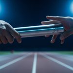 Atletas pasan elegantes testigo metálico bajo luces del estadio
