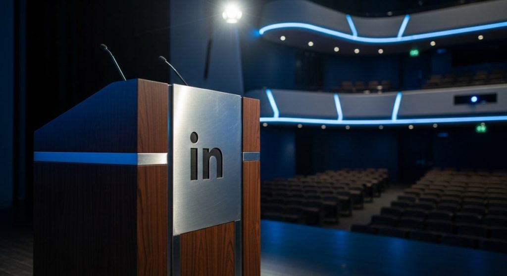 Atril de madera y metal LinkedIn en auditorio vacío iluminación dramática