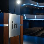 Atril de madera y metal LinkedIn en auditorio vacío iluminación dramática