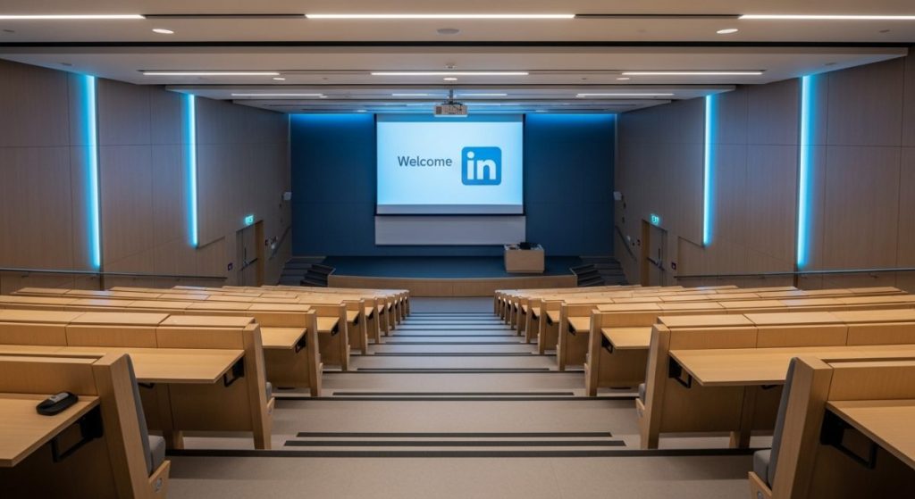 Aula universitaria vacía moderna con pantalla LinkedIn iluminada