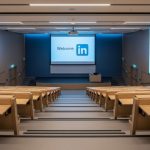 Aula universitaria vacía moderna con pantalla LinkedIn iluminada