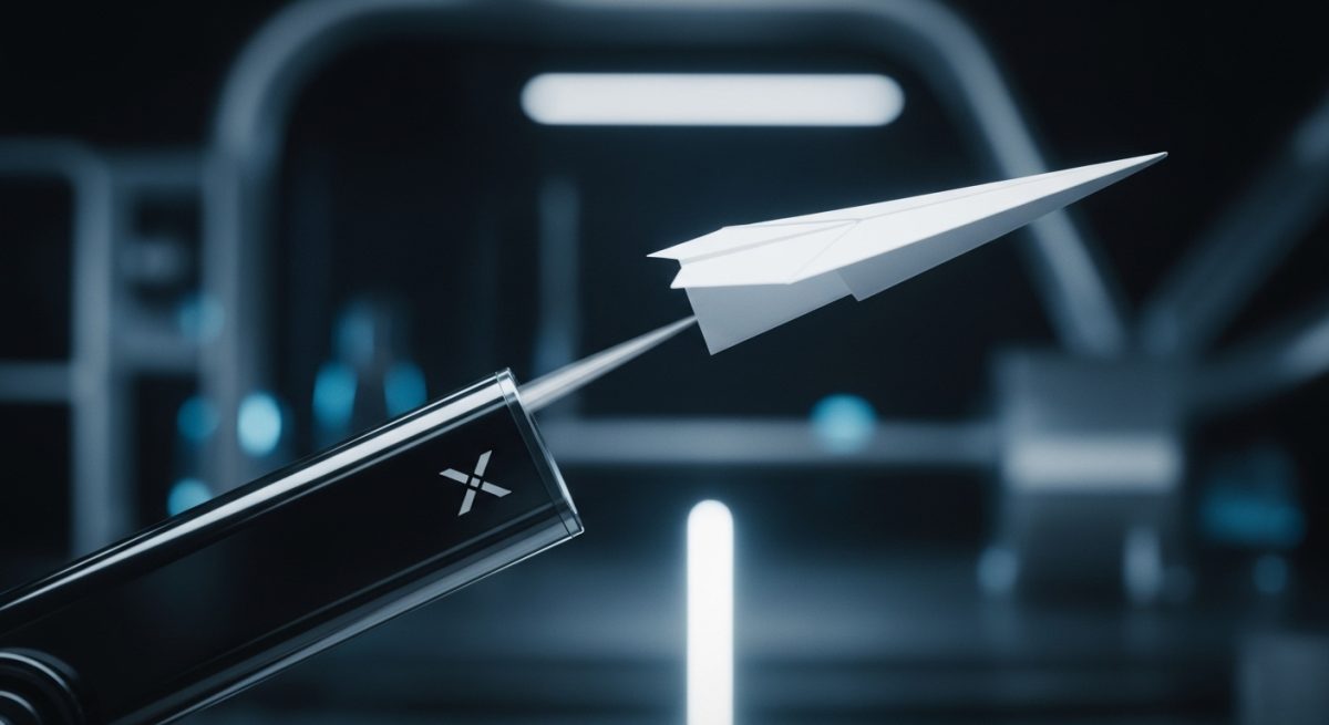 Avión de papel blanco lanzado desde lanzador metálico futurista con logo de X