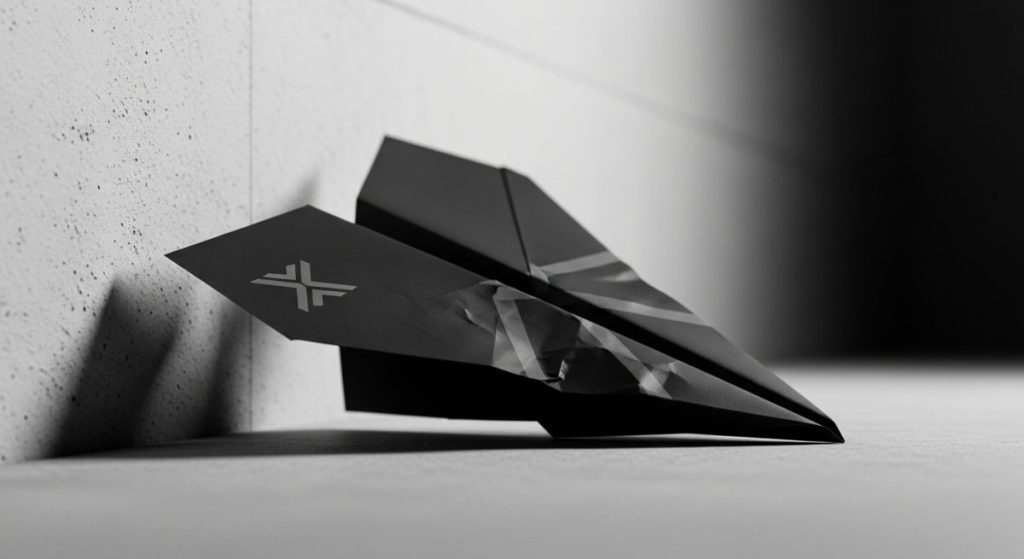 Avión de papel negro estrellado en suelo con logo minimalista