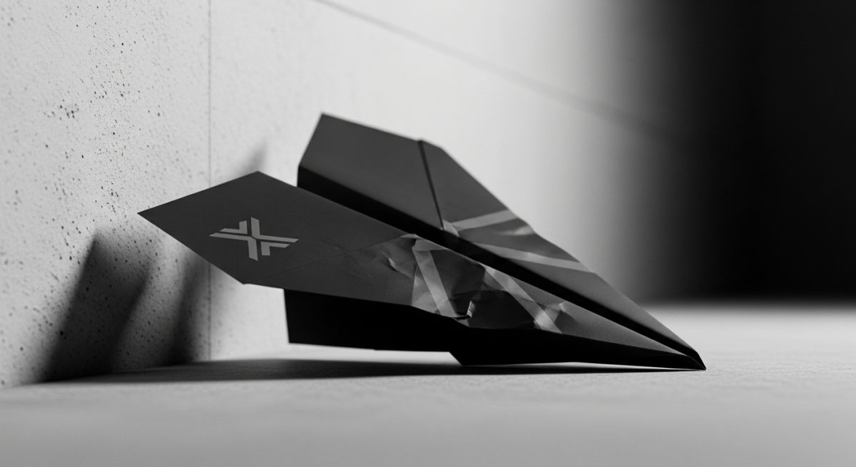 Avión de papel negro estrellado en suelo con logo minimalista