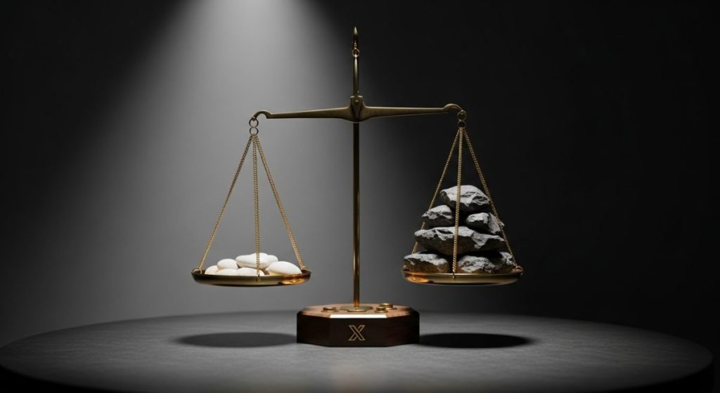 Balanza de justicia de bronce vintage desbalanceada sobre mesa de concreto