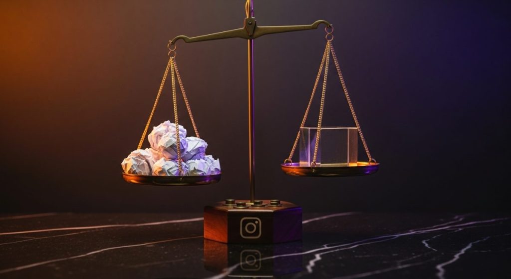 Balanza de latón de Instagram con cubo de cristal inclinando el equilibrio