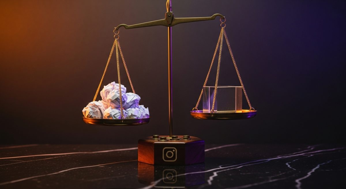 Balanza de latón de Instagram con cubo de cristal inclinando el equilibrio
