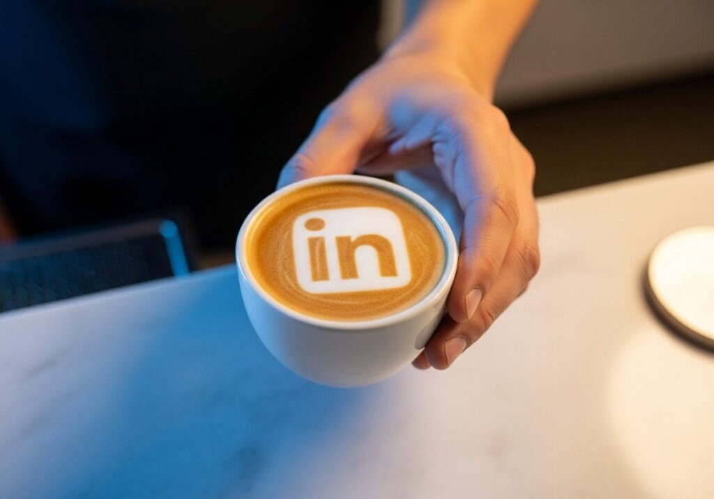 Barista ofrece taza de café con latte art de LinkedIn