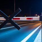Barrera de peaje futurista en negro mate formando una X en una autopista mojada