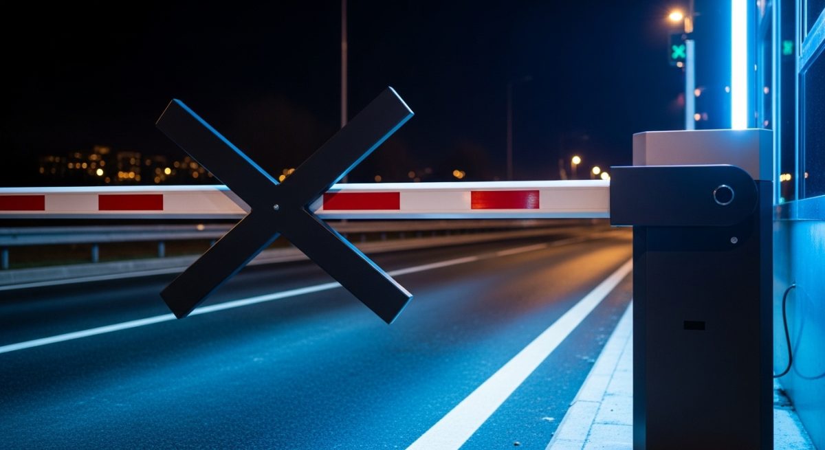 Barrera de peaje futurista en negro mate formando una X en una autopista mojada