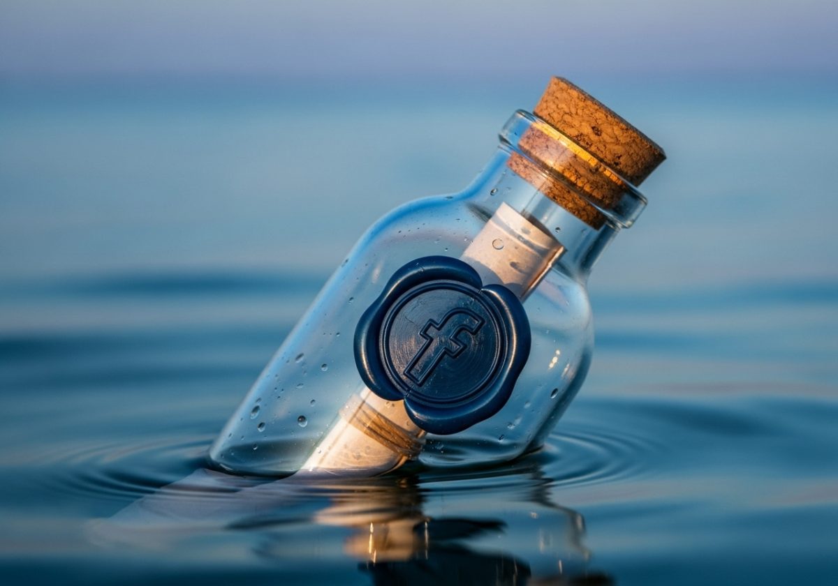 Botella de vidrio flotante con sello azul de Facebook y un mensaje dentro
