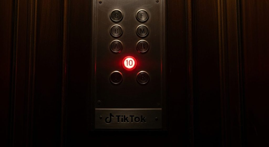 Botón rojo iluminado en panel de ascensor antiguo con logo TikTok