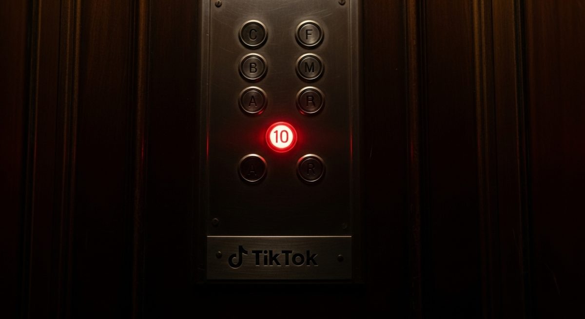 Botón rojo iluminado en panel de ascensor antiguo con logo TikTok