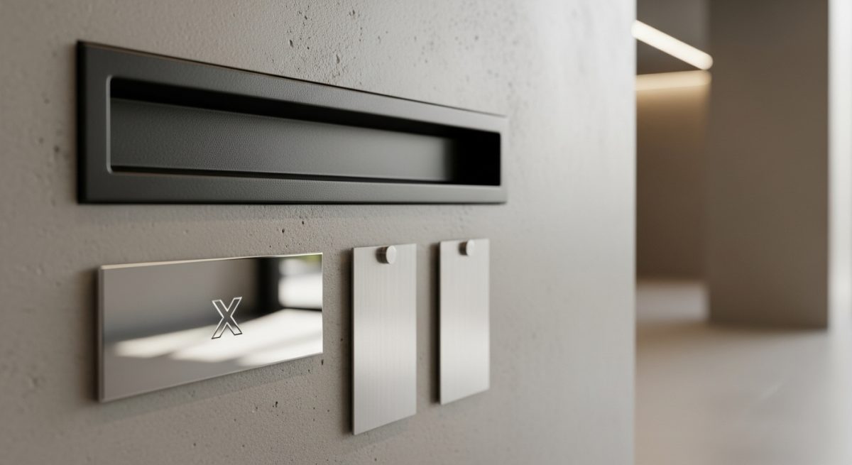 Buzón negro minimalista con placa metalizada y logo X en pared