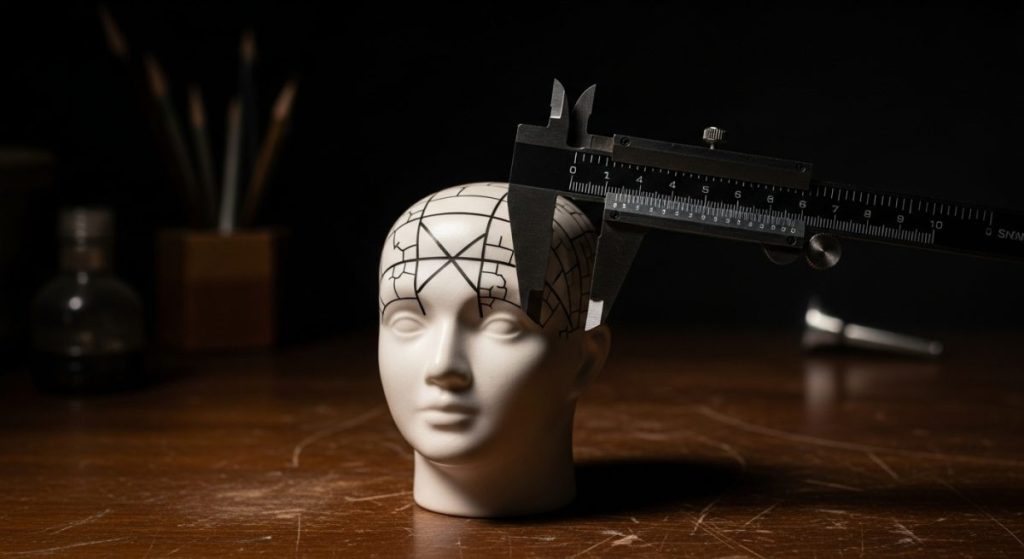 Cabeza de frenología con calibre metálico en escritorio oscuro