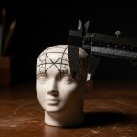 Cabeza de frenología con calibre metálico en escritorio oscuro