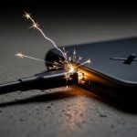 Cable de carga de smartphone negro con chispa visible en la noche en móvil con logo de X