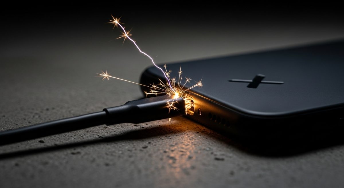 Cable de carga de smartphone negro con chispa visible en la noche en móvil con logo de X