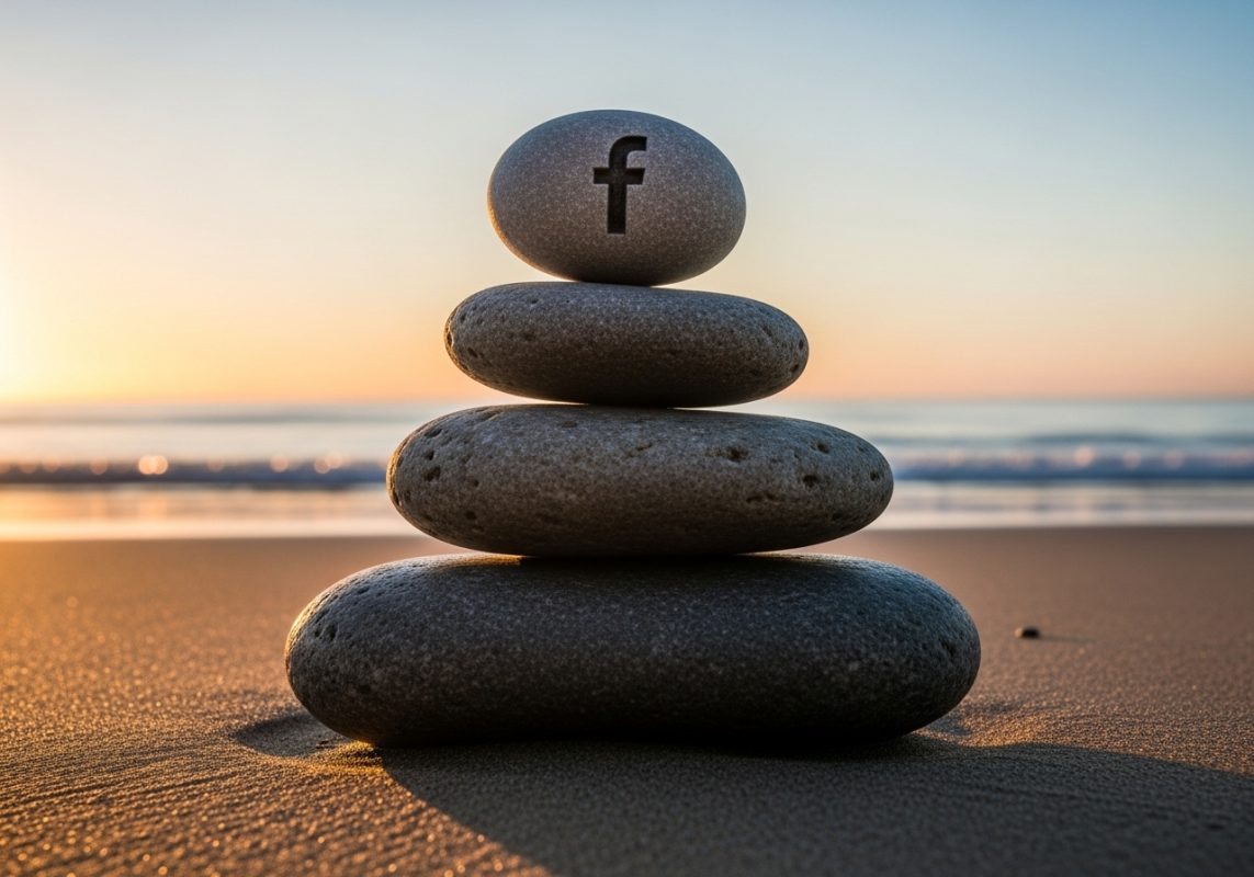 Cairn equilibrado con logo de Facebook en playa al amanecer