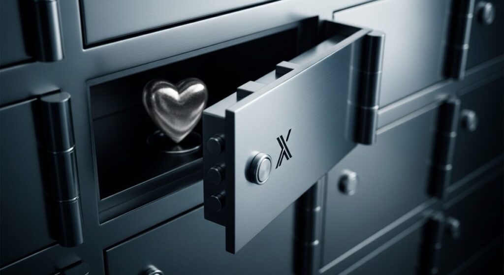 Caja de seguridad abierta con corazón metálico y logo de X grabado