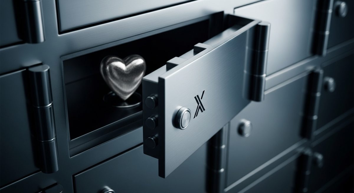 Caja de seguridad abierta con corazón metálico y logo de X grabado