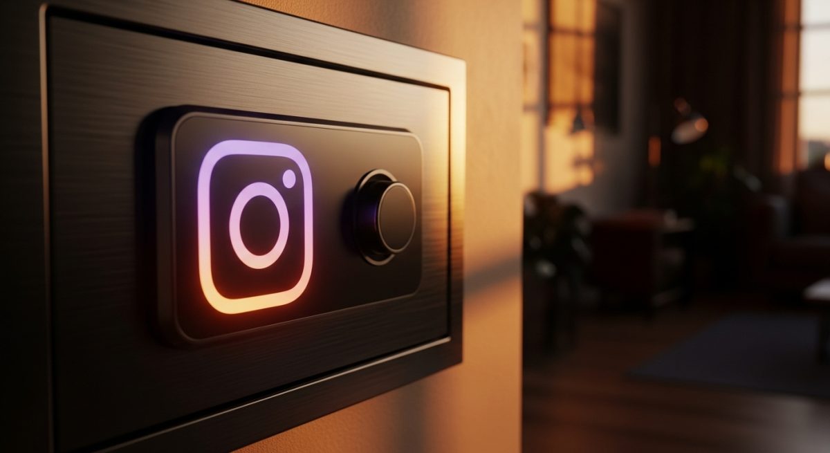 Caja fuerte futurista de metal oscuro con teclado iluminado y logo de Instagram