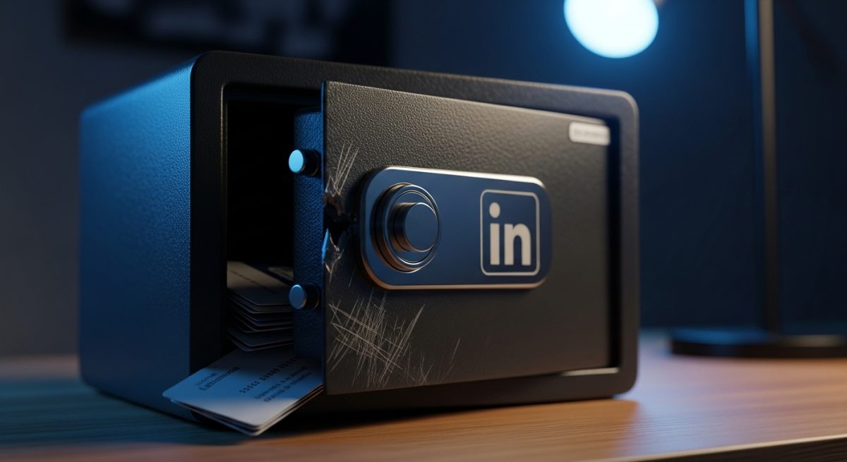Cajas fuerte de metal abierta con tarjetas LinkedIn derramadas