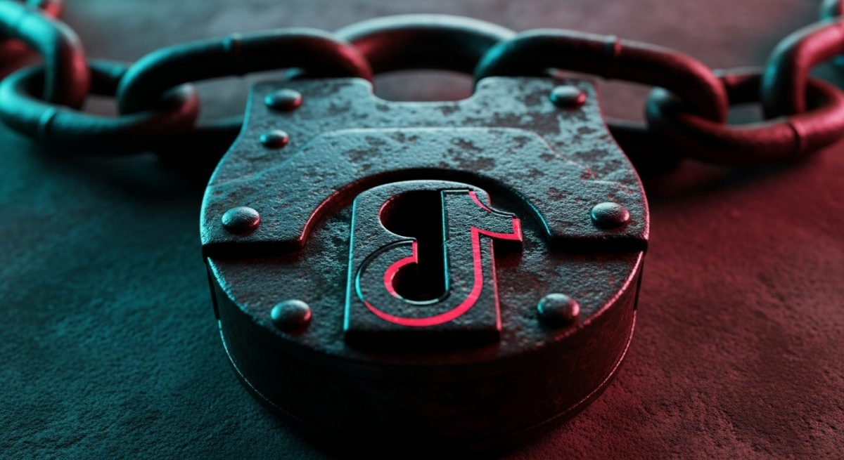 Candado antiguo con logo TikTok reflejos cian y magenta