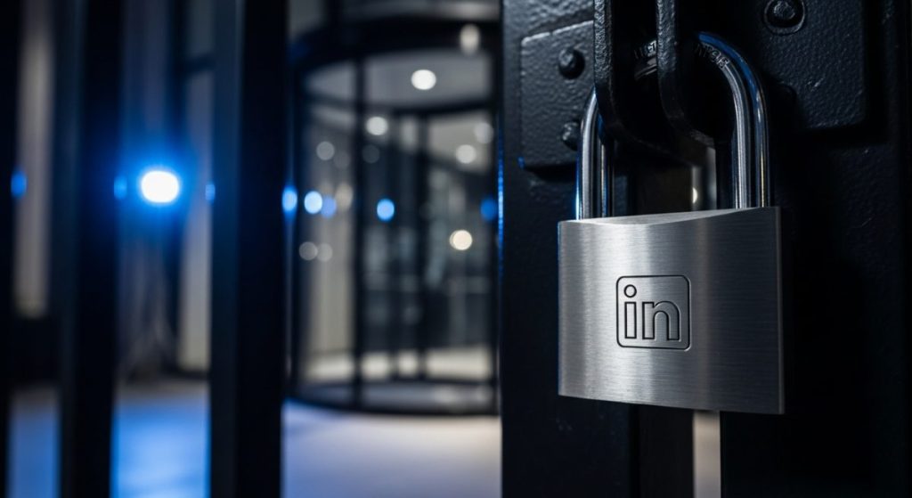 Candado de acero LinkedIn en reja metálica negra iluminado