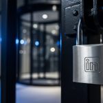 Candado de acero LinkedIn en reja metálica negra iluminado
