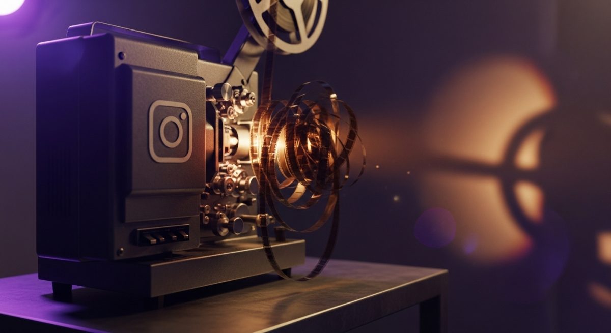 Carrete de película enredado en proyector vintage en sala oscura
