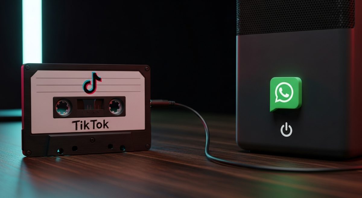 Casete de audio con logos de TikTok y WhatsApp iluminados