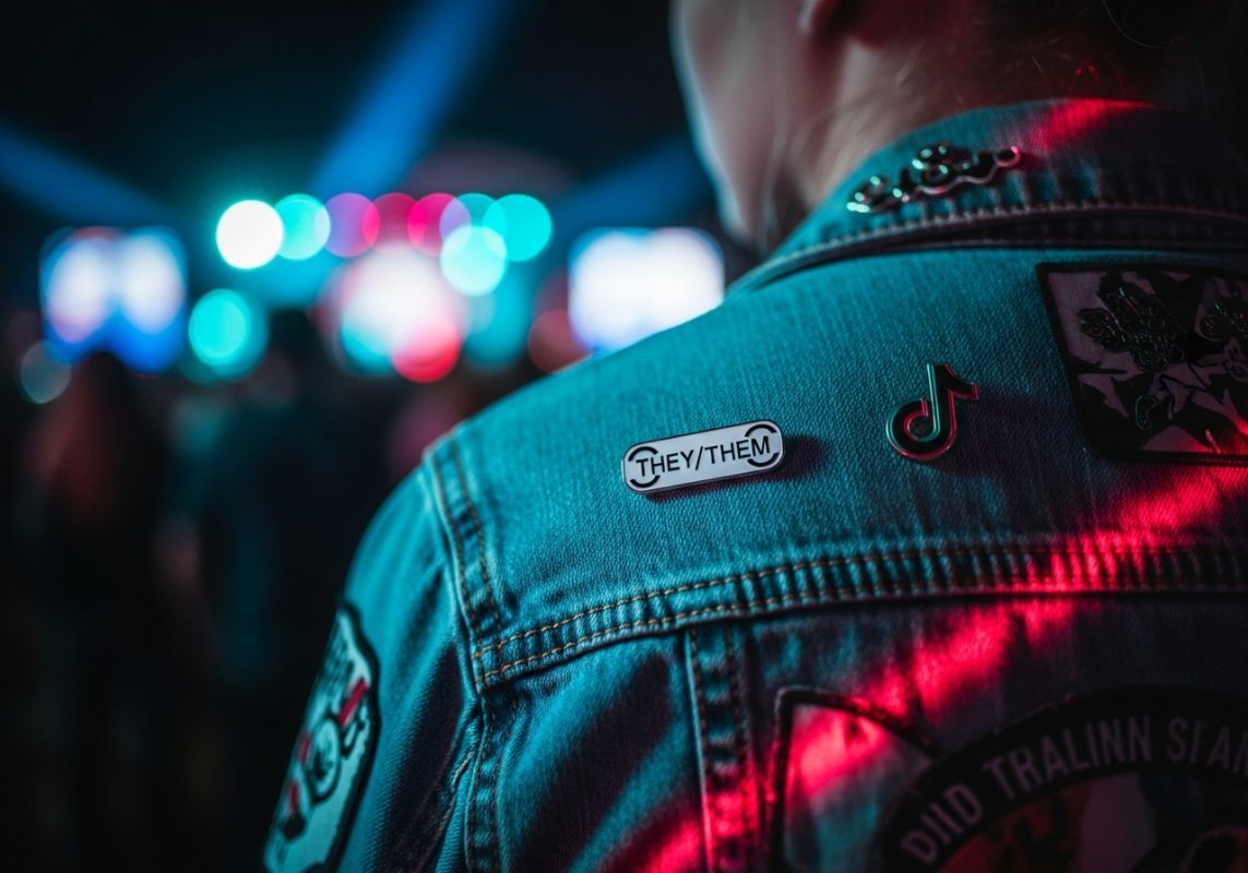 Chaqueta vaquera joven con pin pronombres y TikTok en concierto luces neón