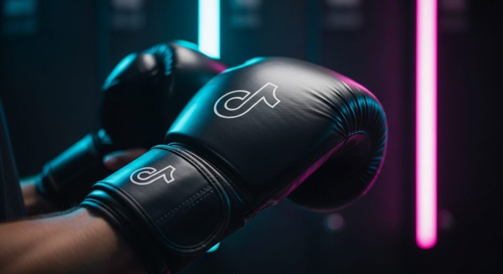 Competidor ajustando guantes de boxeo con logo de TikTok