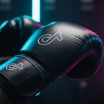 Competidor ajustando guantes de boxeo con logo de TikTok