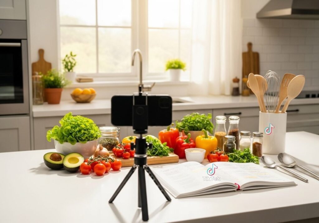 Creadora de contenido latina grabando tutorial de cocina