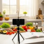 Creadora de contenido latina grabando tutorial de cocina