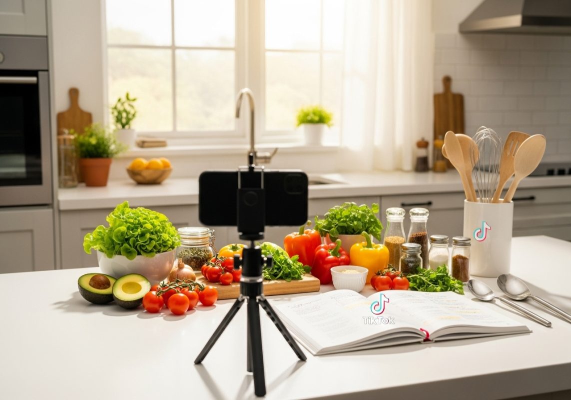 Creadora de contenido latina grabando tutorial de cocina