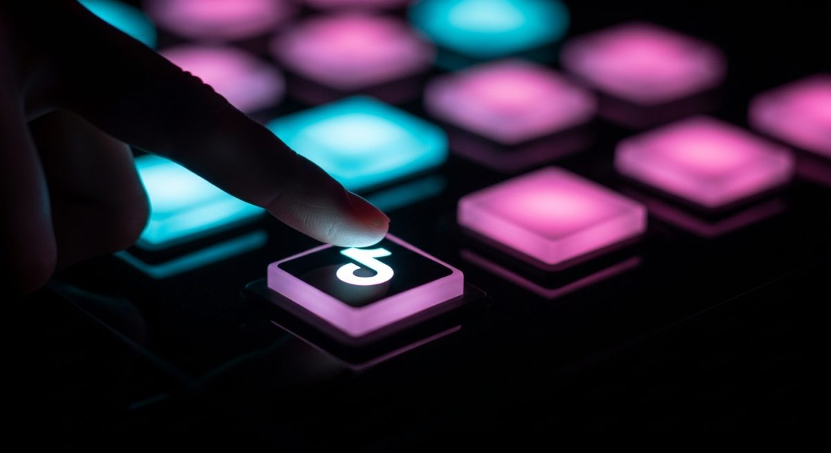 Dedo cerca de botones luminosos con logo de TikTok