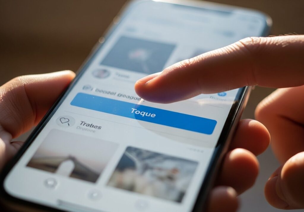 Dedo presionando botón azul de toque en pantalla de smartphone
