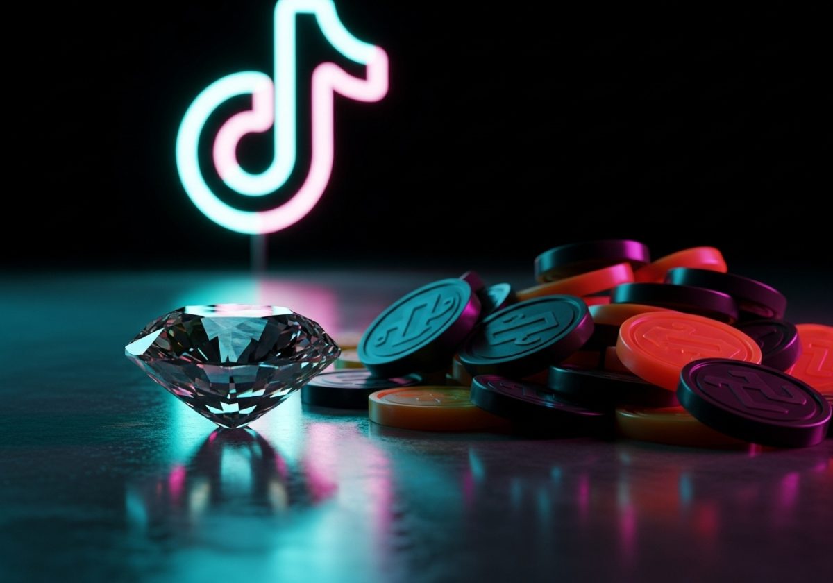 Diamante brillante junto a fichas de arcade coloridas sobre metal y fondo de logo de TikTok