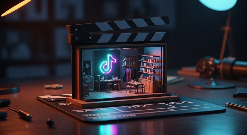 Diorama de boutique moderna iluminada con logo de TikTok en miniatura