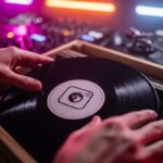 DJ seleccionando disco de vinilo con logo de Instagram
