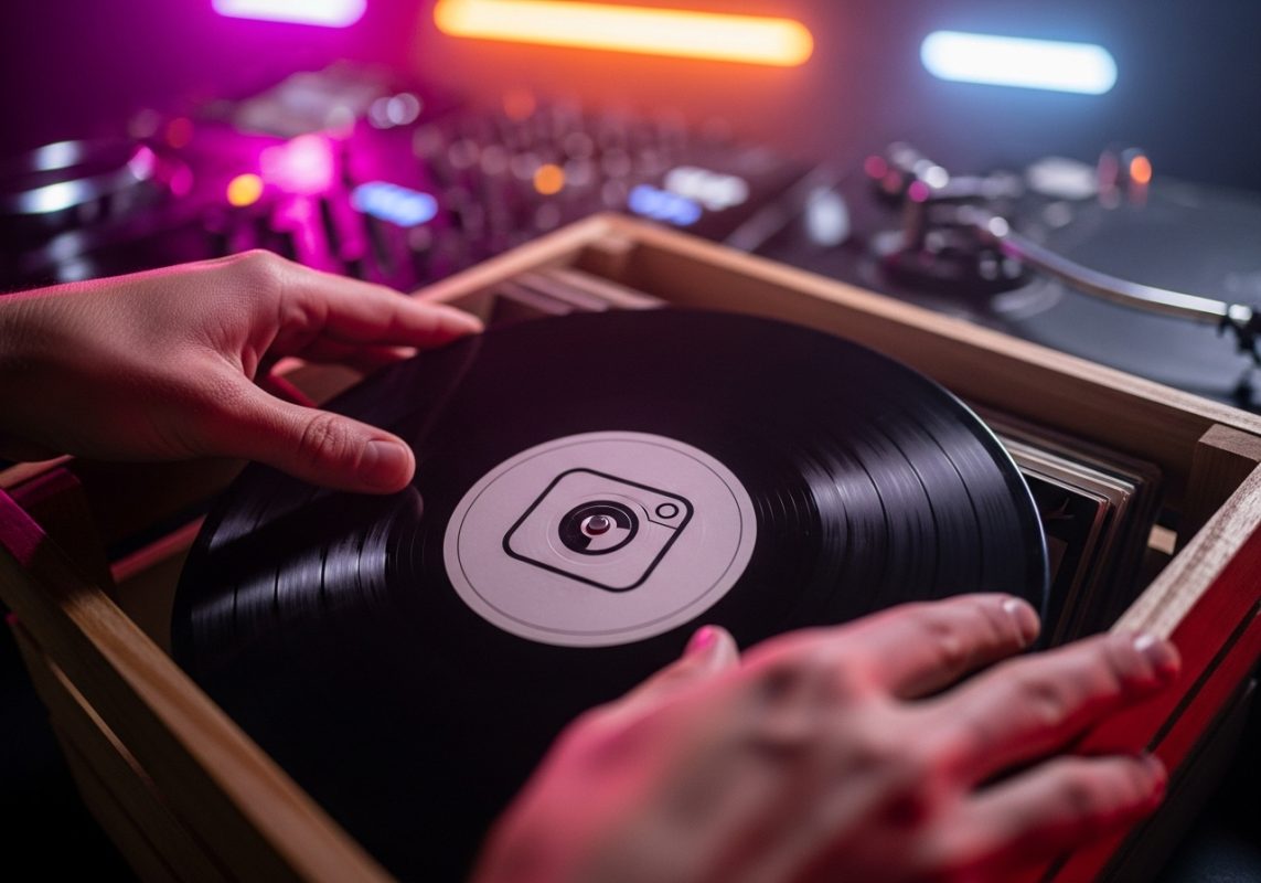 DJ seleccionando disco de vinilo con logo de Instagram