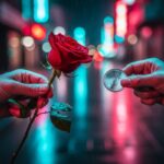dos manos en una calle nocturna intercambian una rosa roja y una moneda de metal con el logo de TikTok