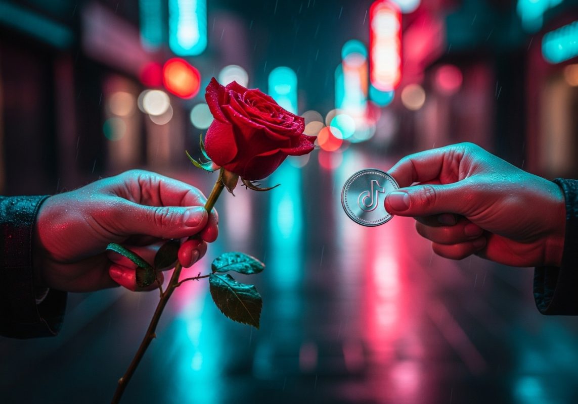 dos manos en una calle nocturna intercambian una rosa roja y una moneda de metal con el logo de TikTok