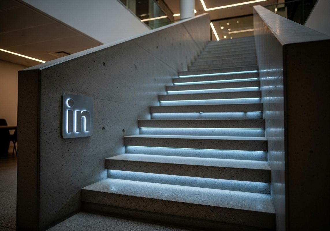 Escalera flotante de hormigón y logo de LinkedIn iluminado