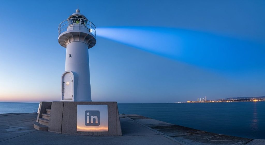Faro moderno blanco con logo LinkedIn en un muelle al atardecer