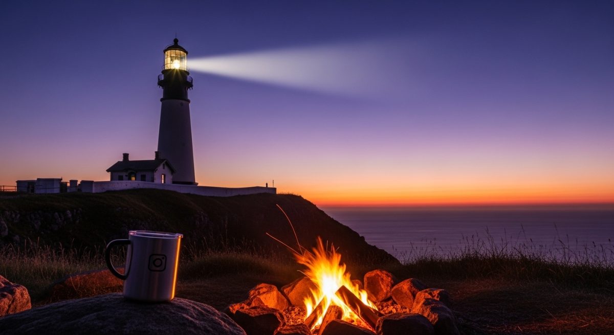 Faro moderno en acantilado con taza de Instagram junto a fogata